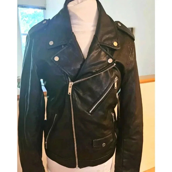 DKNY Asymmetrical Moto Black Leather Jacket  Accent Zippers Snap Detail Small - Picture 1 of 7